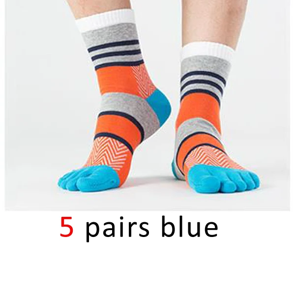 blue 5 pairs/lot Mens Summer Cotton Toe Socks Striped Contrast Colorful Patchwork Men Five Finger Socks Free Size Basket Calcetines - Цвет: blue