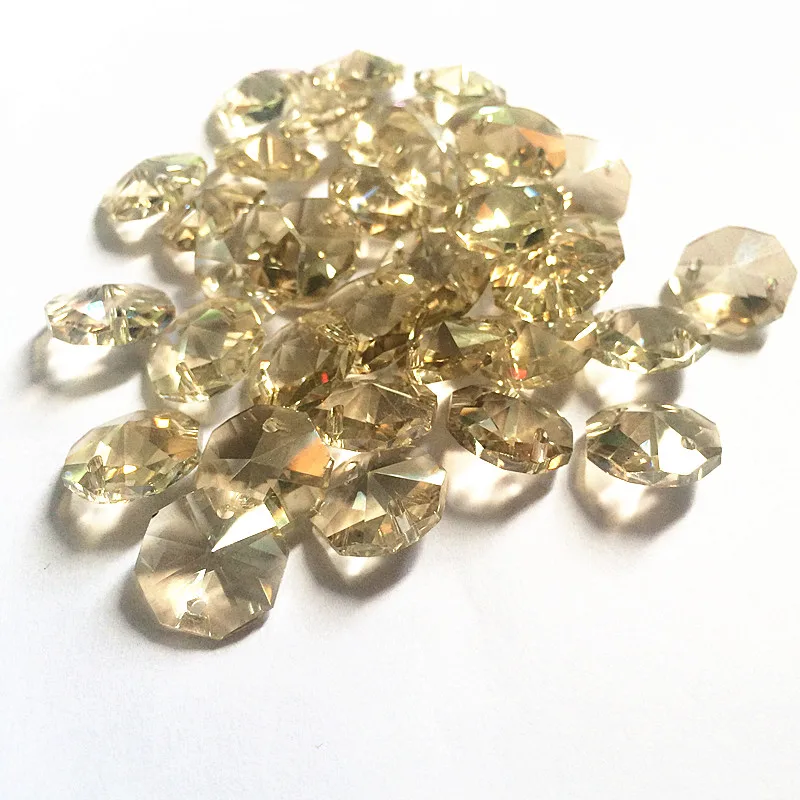 

Top Quality 500pcs Cognac 14mm K9 Crystal Octagon Chandelier Parts in 2 Holes (Free Rings ) Diy Accessories Glass Curtain Beads