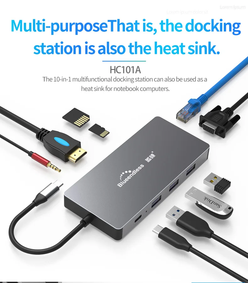 Тип C расширения док станция для два разъема VGA PD 10 в 1 USB хаб мобильный телефон