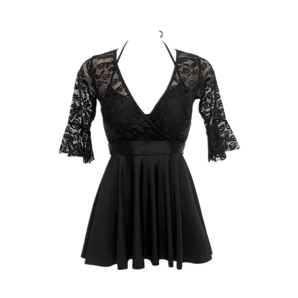Sexy Lace One Piece Swimsuit Women Solid Swimwear Short Sleeve Monokini Push Up Swim Suit Skirt Trikini Pad Bathing Black |