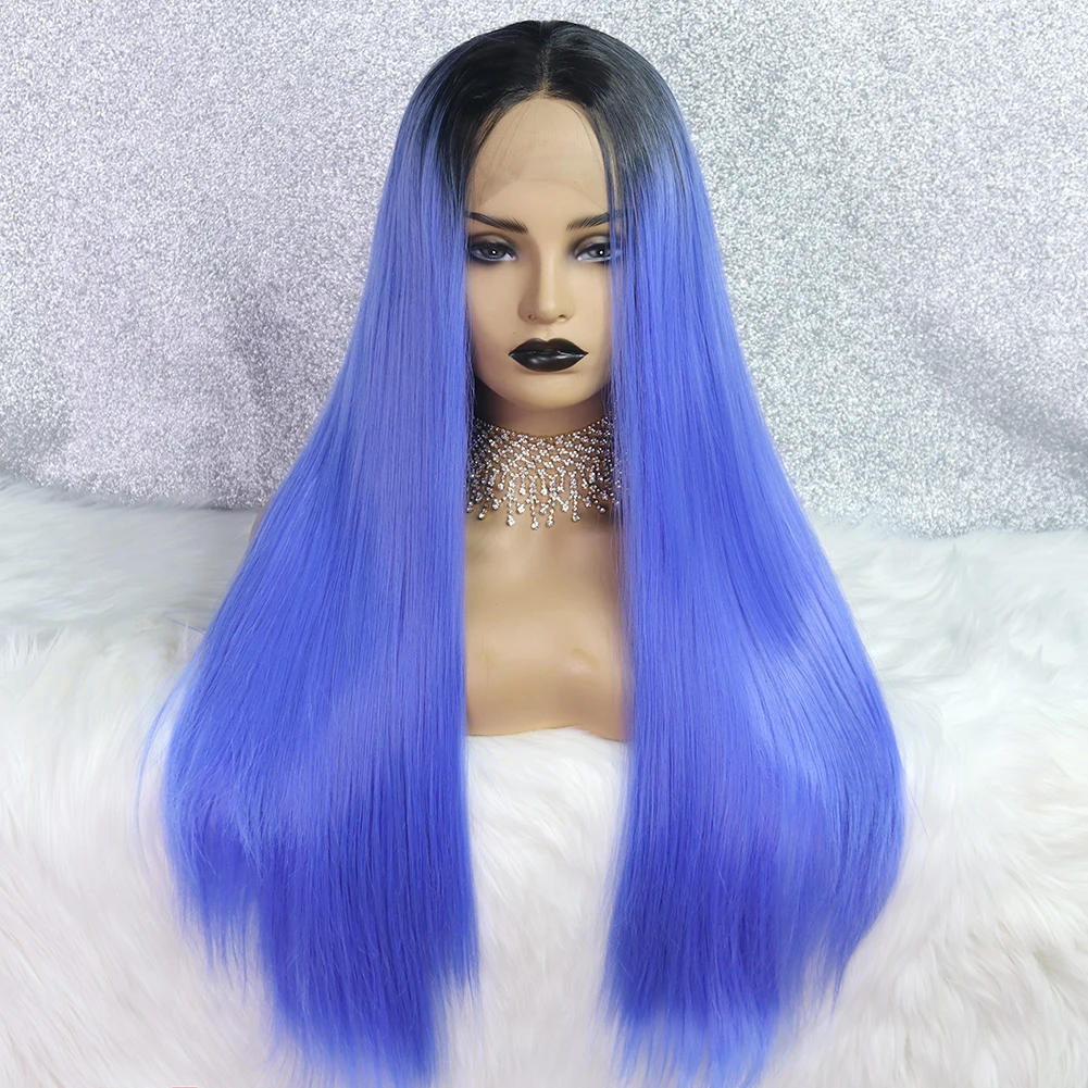

Blue 24" Long Synthetic Lace Front Wig with Middle Part Dark Blue Color Natural Headline Heat Resistant Hair Wigs for Women
