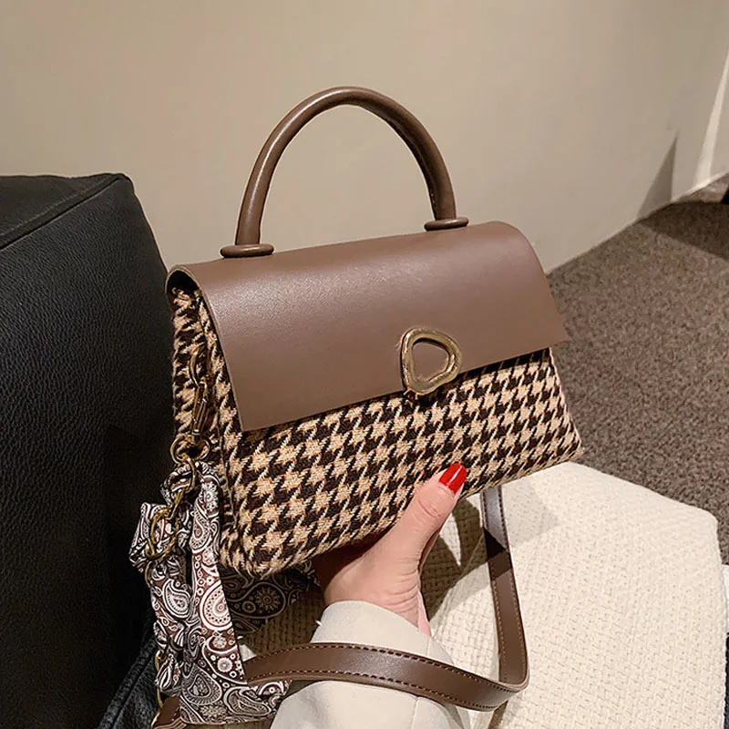 

Модные женские сумки через плечо с рисунком «гусиные лапки» и шелковым шарфом, зима 2021, новые сумки, модная универсальная сумка через плечо ...