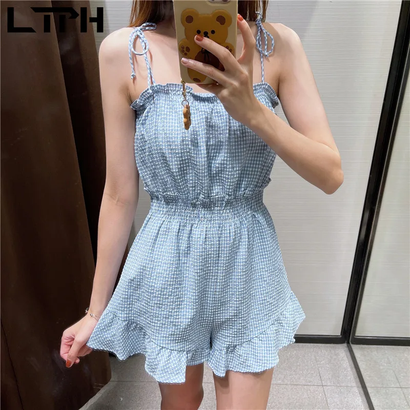 

LTPH classic ruffles jumpsuit women elegance plaid sleeveless camisole Playsuits high waist slim Rompers Casual 2021 summer new
