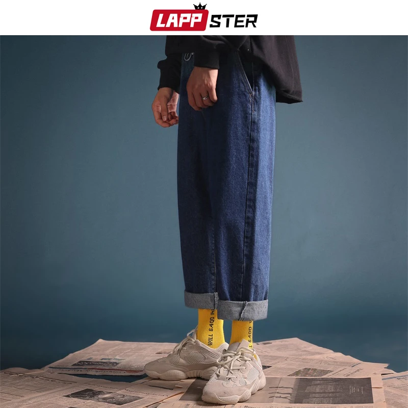 LAPPSTER мужские корейские модные уличные джинсы хип хоп винтажные прямые шаровары синяя панк джинсовая Дизайнерская одежда 2XL