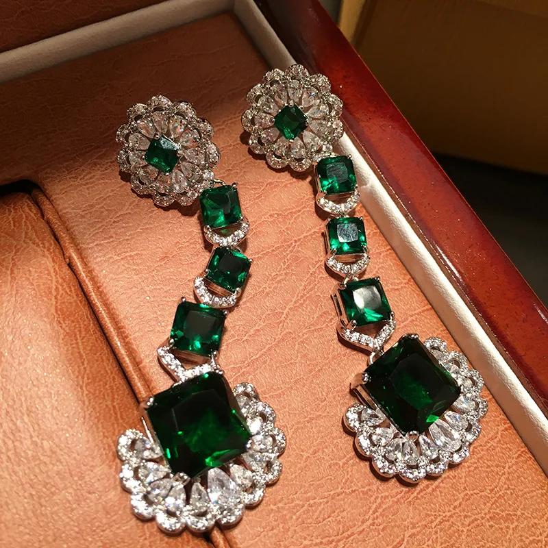

Retro Luxurious Green Square Earrings 2021 Trend Tassel Women Crystal Jewelry Top Quality Cubic Zirconia Fashion Friends Gift