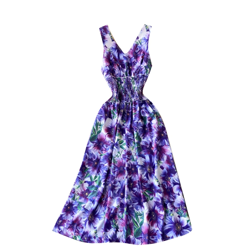 

2021 Fashion Spring New Style French Vest Vestidos Femininity V-neck Waist Slim Midi Printed Dress C308