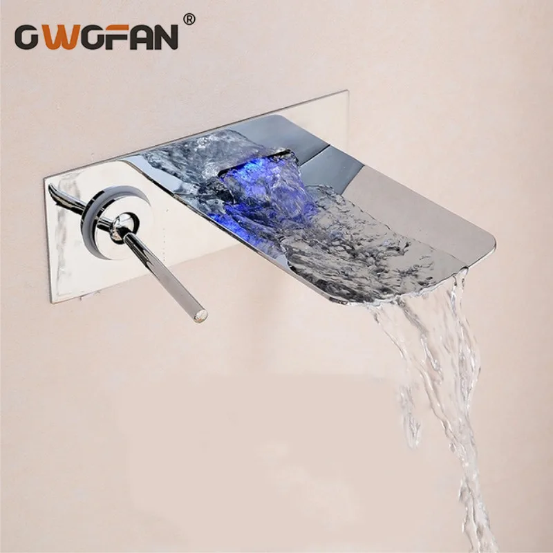 

Hotel Faucets Wall Mounted Chrome Finish Bathroom Faucet Spout Waterfall Basin Mixer Tap Single Handle Sink Taps Silver LT-306