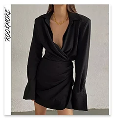 Rockmore Elegant Party Dress For Women Sexy Backless Mini Dress Long Sleeve Pleated Ball Gown Puffy Dresses y2k Streetwear Black white dress