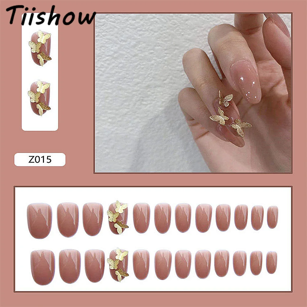 

Tiishow 24pcs Golden Butterfly Decor Nail Art Fake Nails Tips Pink False Nail Set Wearable Full Cover Art Jelly Gel Fake Tips
