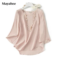 2021 spring new heavy silk split t shirt round neck mulberry silk pullover loose solid color pink 34 sleeve top