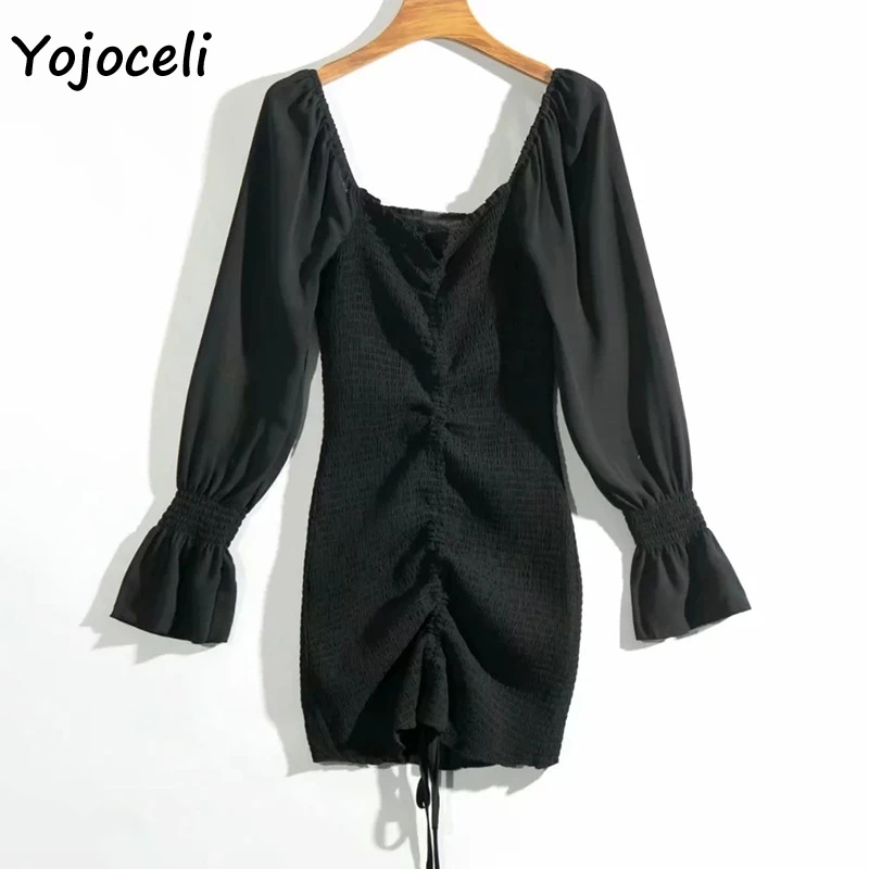 Yojoceli, сексуальное платье с цветочным принтом, гофрированное, женское, квадратный вырез, длинный рукав, тонкое, мини платье, шифоновое платье