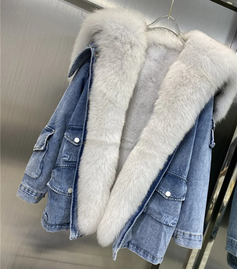2022 Winter Jacket Women Real Fur Coat Parka Real large fox fur collar rex rabbiot Fur liner bomber Denim jacket Streetwear