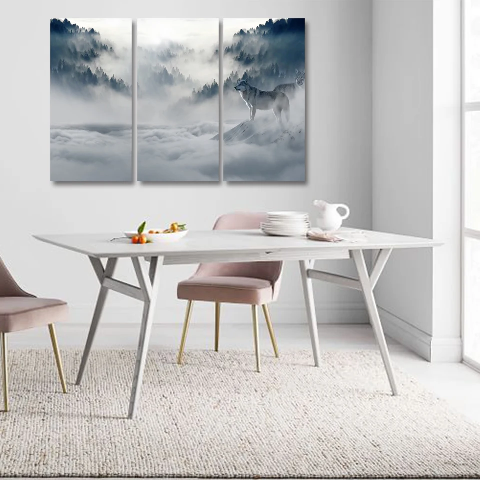 Черно-белый Снежный волк 3 шт. в комплекте Картина на холсте Современное