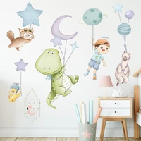 brup cartoon animals dinosaur fly with planet balloons wall stickers for kids room baby room decals home decorative stickers