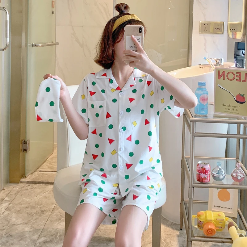 Summer Shorts Pajamas for Women Japan Anime Sleepwear Crayon Cartoon Print Pijama Grils Nightwear Homesuit Casual Eyemask Ins