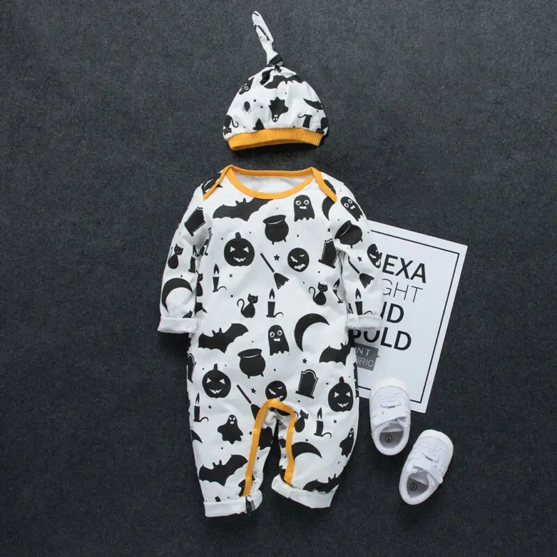 2019 Baby Spring Autumn Clothing Newborn Girl Boy Halloween Romper Long Sleeve Pumpkin Jumpsuit Hat Outfits 2pcs Clothes | Детская