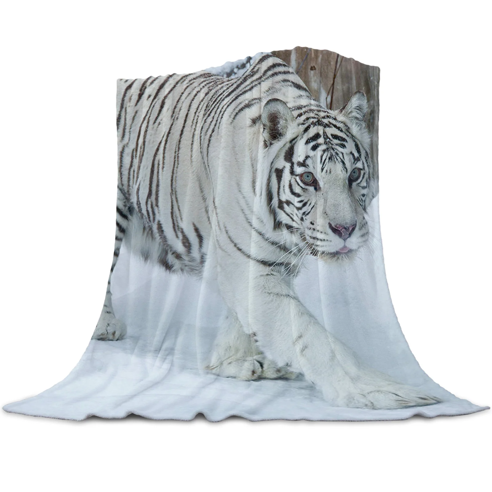 

White Tiger Walking In The Snow Printed Fleece Blanket Bed Throw Soft Bedspread Sheets Sofa Gift Customized Blankets