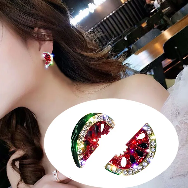 Женские серьги-гвоздики в виде арбуза с кристаллами | Украшения и аксессуары