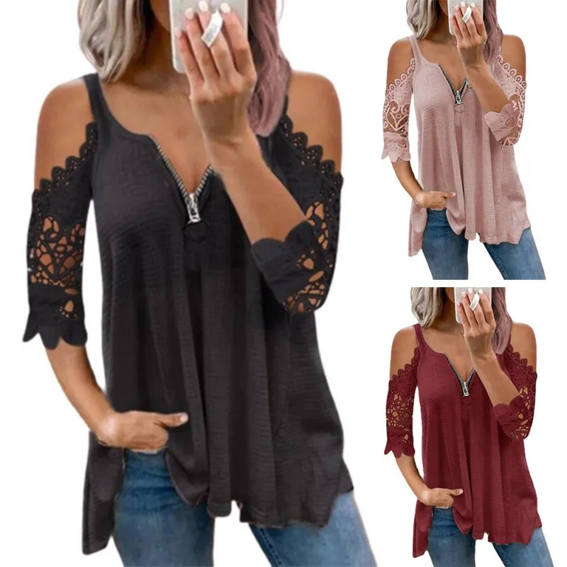 

Summer 2021 Women Shirt Expose Shouder V-Neck Solid Color zipper Casual Embroidery Top Blouse