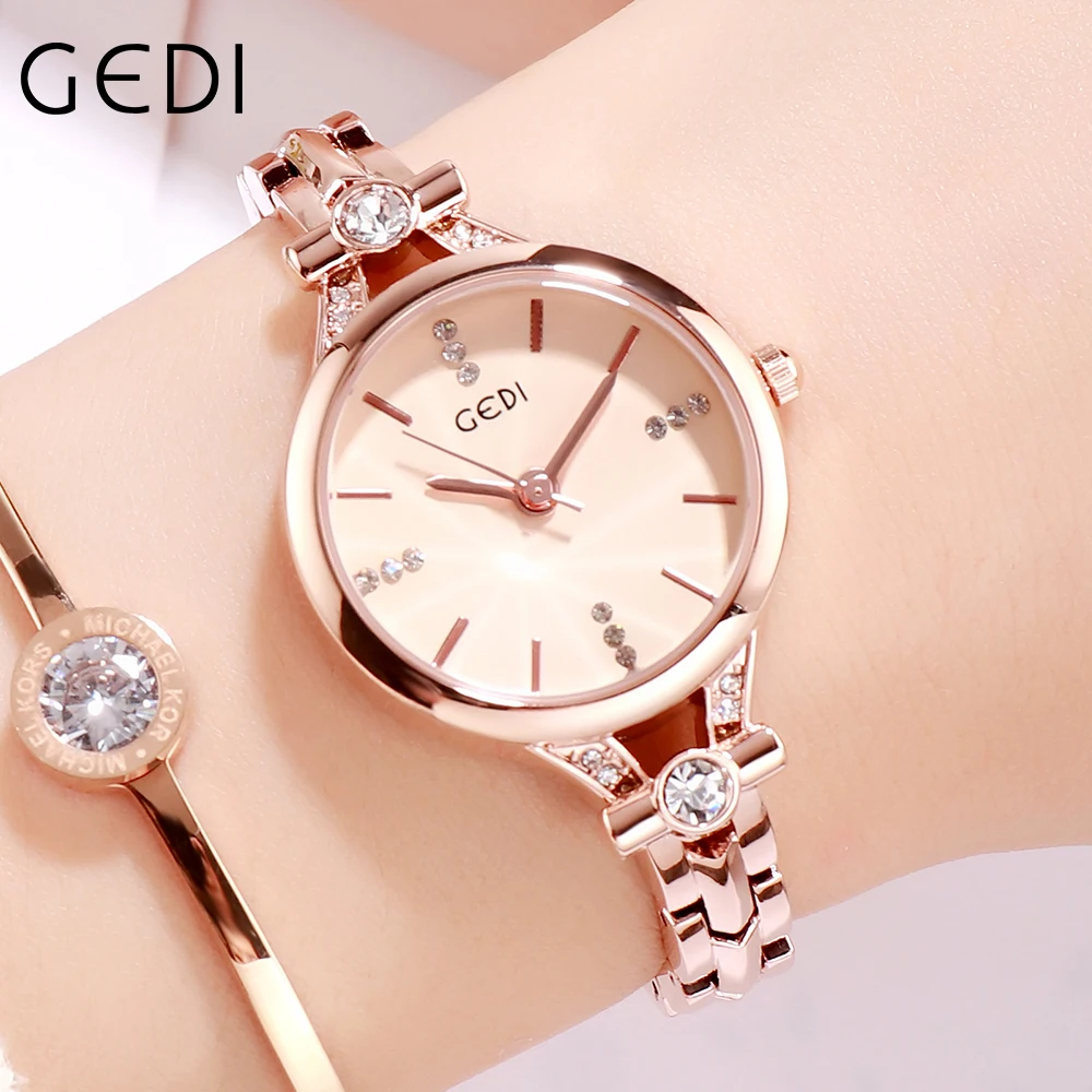 

Модные ювелирные женские часы роскошного бренда GEDI браслет из розового золота Женские часы повседневные Простые аналоговые женские кварце...