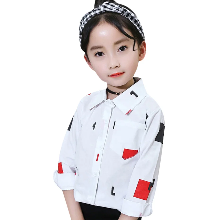 Белая блузка для девочек весенние рубашки детей повседневная одежда с принтом