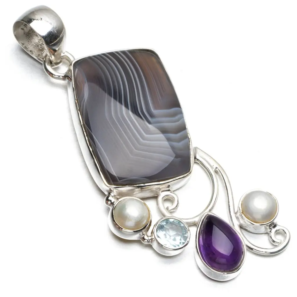Натуральный Ботсвана Агат аметист голубой топаз и речной жемчуг 925 SterlingSilver кулон