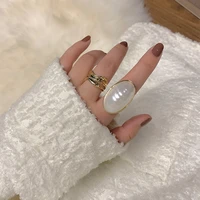 elegant retro oversize imitation pearl rings for women lady fashion metal geometric open charm forefinger ring wedding jewelry