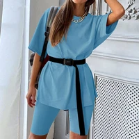 solid sports suit women set o neck loose short sleeve top shirt biker shorts casual two piece sets white outfit suit summer