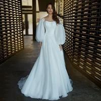 2022 princess bridal gown custom made puff sleeves sheer o neck beading sequined a line organza wedding dress robe de mariee
