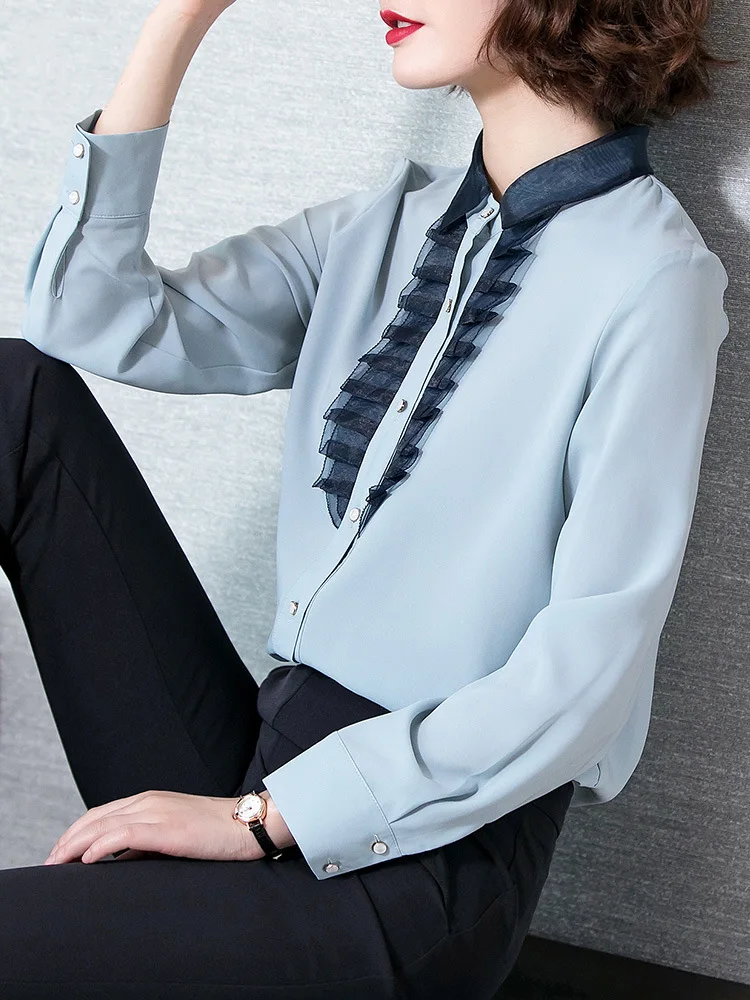 Женская винтажная блузка с длинным рукавом элегантная однотонная голубая
