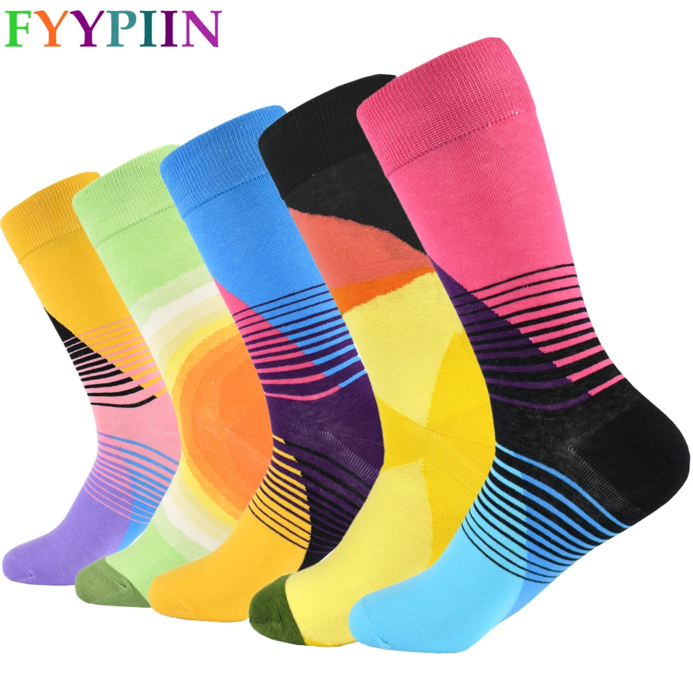 Men Socks 2019 New 5 Pair/lot Men's Cotton Socks Classic Business Casual Geometric Man Crew Party Gift happy Socks