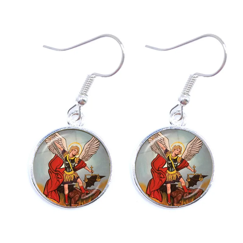 Glass Cabochon Earrings Archangel St.Michael Protect Me Saint Shield Protection Charm Russian Orhodox Drop Jewelry For Women | Украшения и