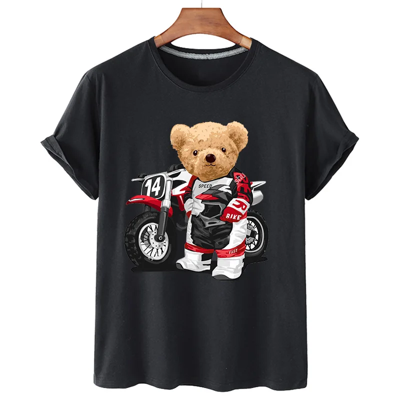 

100% Cotton Locomotive Cool Bear Print Short-sleeved T-shirt Women Half-sleeved Summer Casual Oversized T-shirt Ladies Shirt 4XL