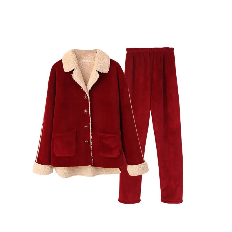 Зимние женские пижамы из двух частей фланелевые плотные теплые с принтом для