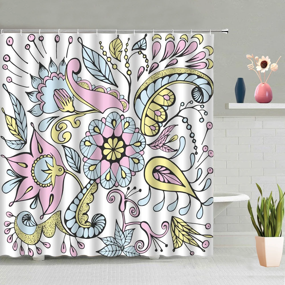 

Black White Ink Painting Shower Curtain Beautiful Flower Art Bathroom Accessories Set Bath Screen With Hook Home Decor