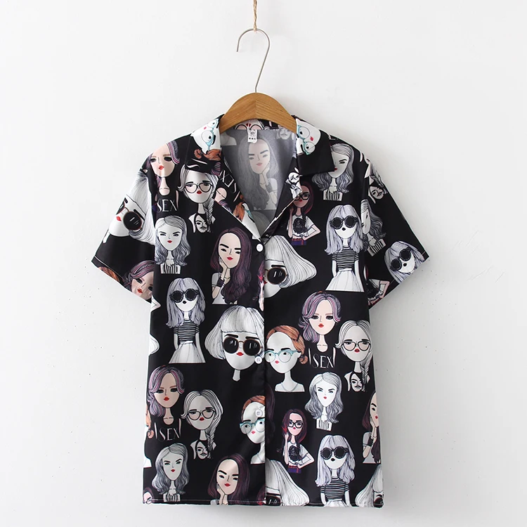 Женская блузка с коротким рукавом отложным воротником и мультяшным