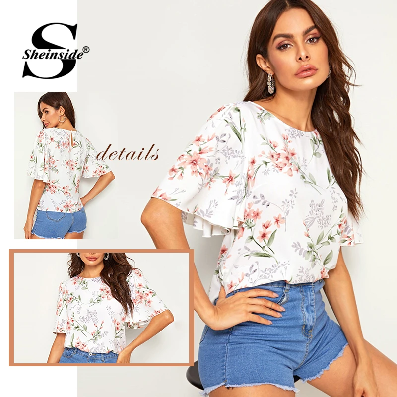 Sheinside/Повседневная Блузка с цветочным принтом и рукавами-рюшами для женщин, лето, белый рукав-волан, блузки для женщин, топ с вырезом на спине