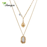 hongye retro double chain natural pearl pendant necklace for women party carving metal collier fashion jewelry 2020 pendientes