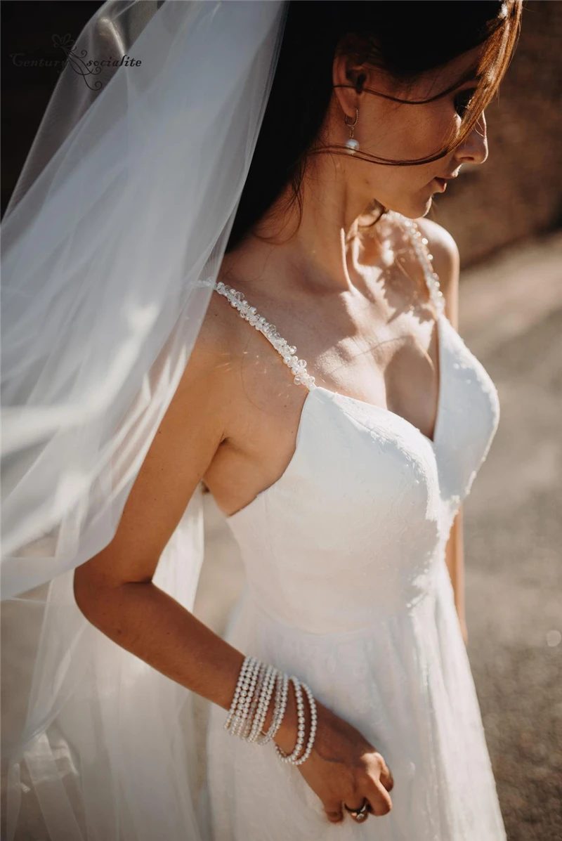 

Lace Wedding Dresses for Bride 2021 Beaded Straps Backless A-Line Boho Bridal Gowns Beach Vestido De Noiva Plus Size