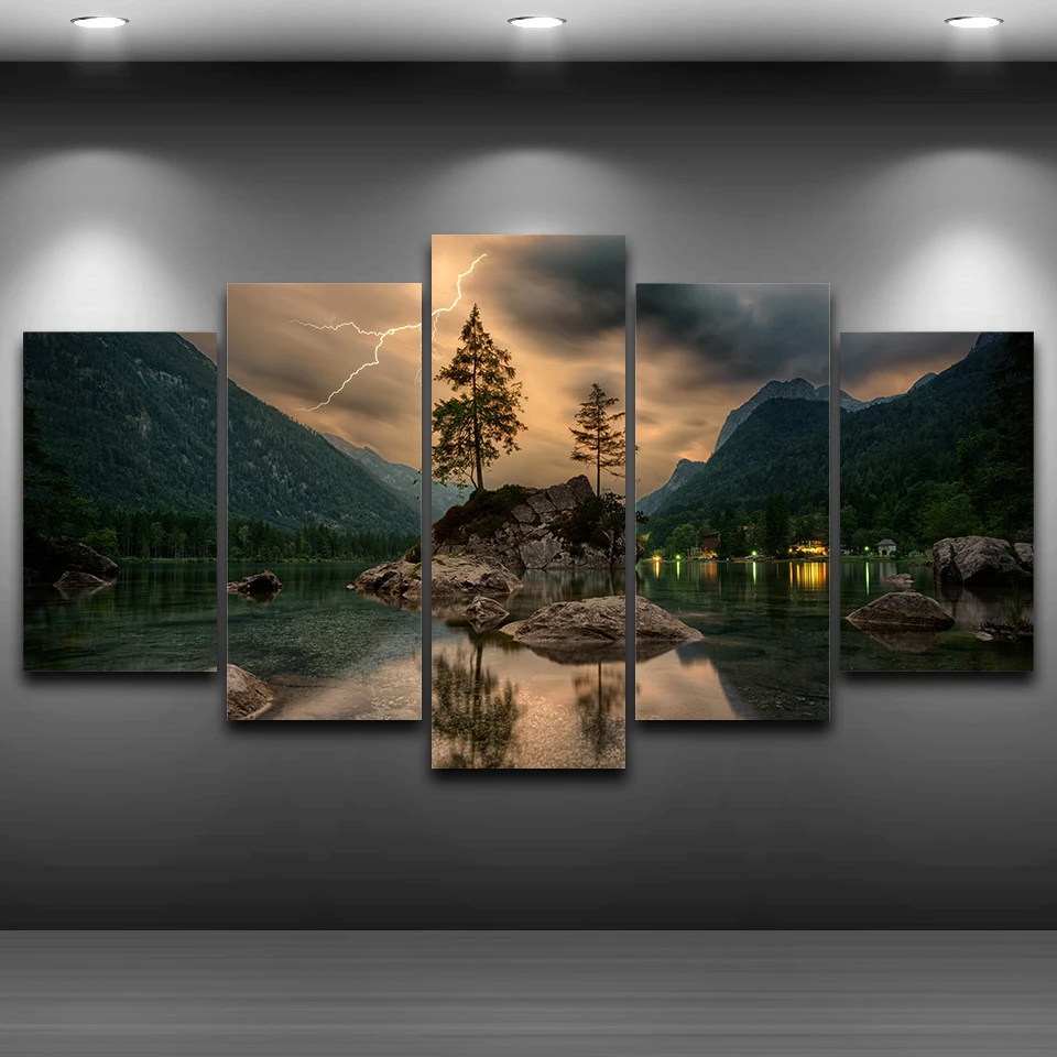 

No Framed Canvas 5Pcs Mountain Lake Lightning Landscape Wall Art Posters Pictures Home Decor Paintings Decorations