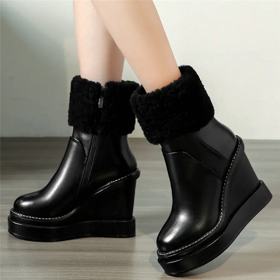 

Winter Fashion Sneakers Women Genuine Leather Wedges High Heel Motorcycle Boots Female High Top Warm Wool Platform Pumps Shoes
