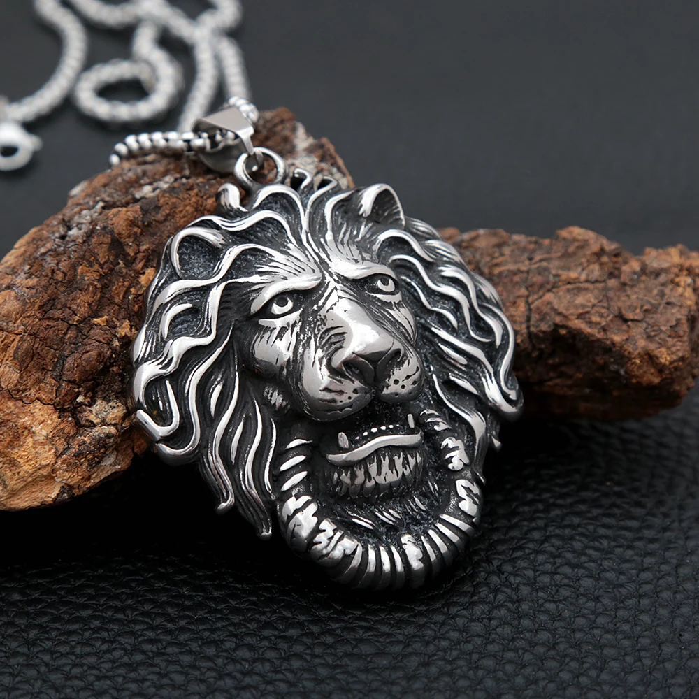 

Punk Hip Hop Big Lion Head Pendant Necklace for Men Animal Stainless Steel Link Chain Lion Head Necklace Jewelry Accessories