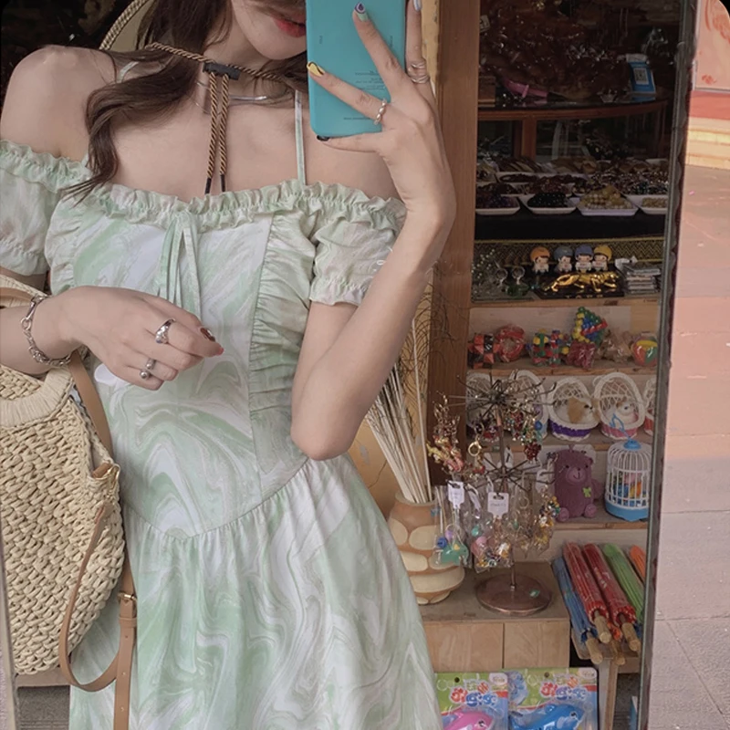 

Korean One Shoulder 2021 Summer Y2K Bandage Design Vintage Strap Dresses Women Casual Floral Sexy Dresses Beach One Piece Dress