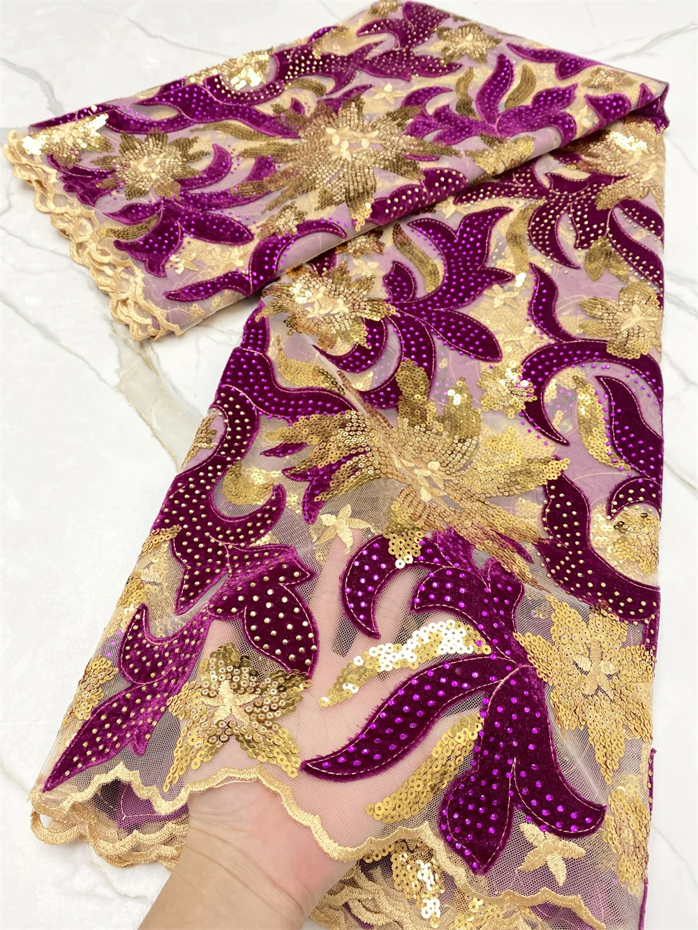 

New Sequence Velvet Lace Fabric with Sequins and Stones 2022 Wine Velvet French Mesh Lace Fabric For Nigerian Party Dress 3808B