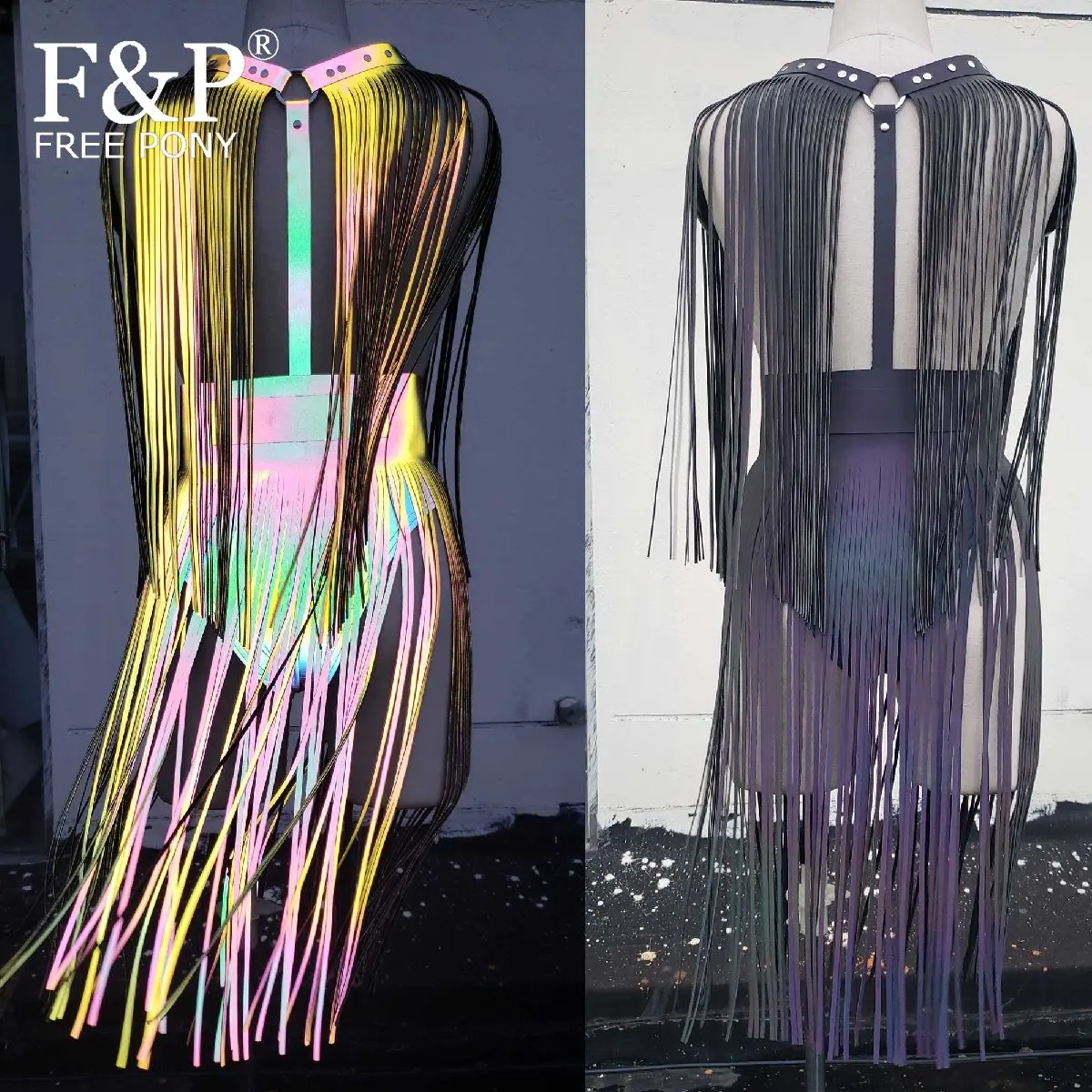 

Rainbow Reflective Leather Fringe Shoulder Piece Harness Belt Midi Long Skirt Burning Man Festival Costume Rave Wear Clothes