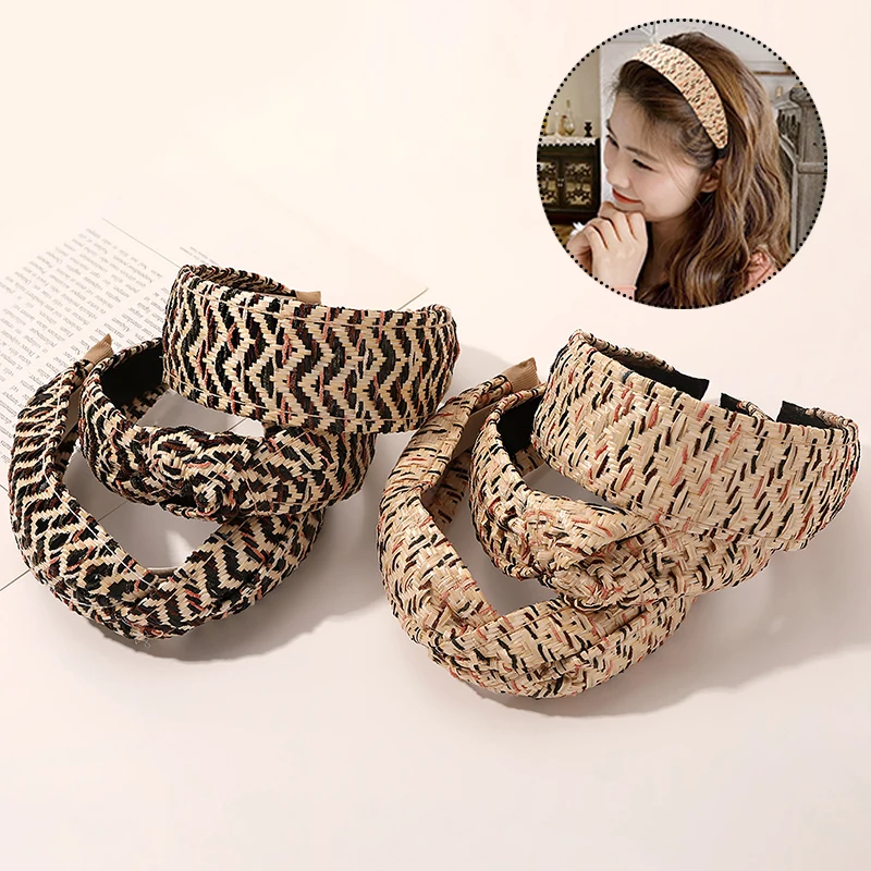

Women Twisted Headwear Knotted Head Hoop Straw Headband Charm Hairband Wide Hair Hoop Cross Knot Girls Hair Accessories