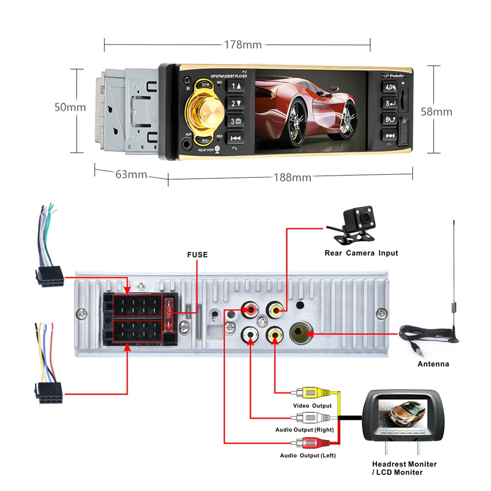Автомагнитола Podofo стерео-система с MP3-плеером 4 &quotTFT-экраном Bluetooth дистанционным