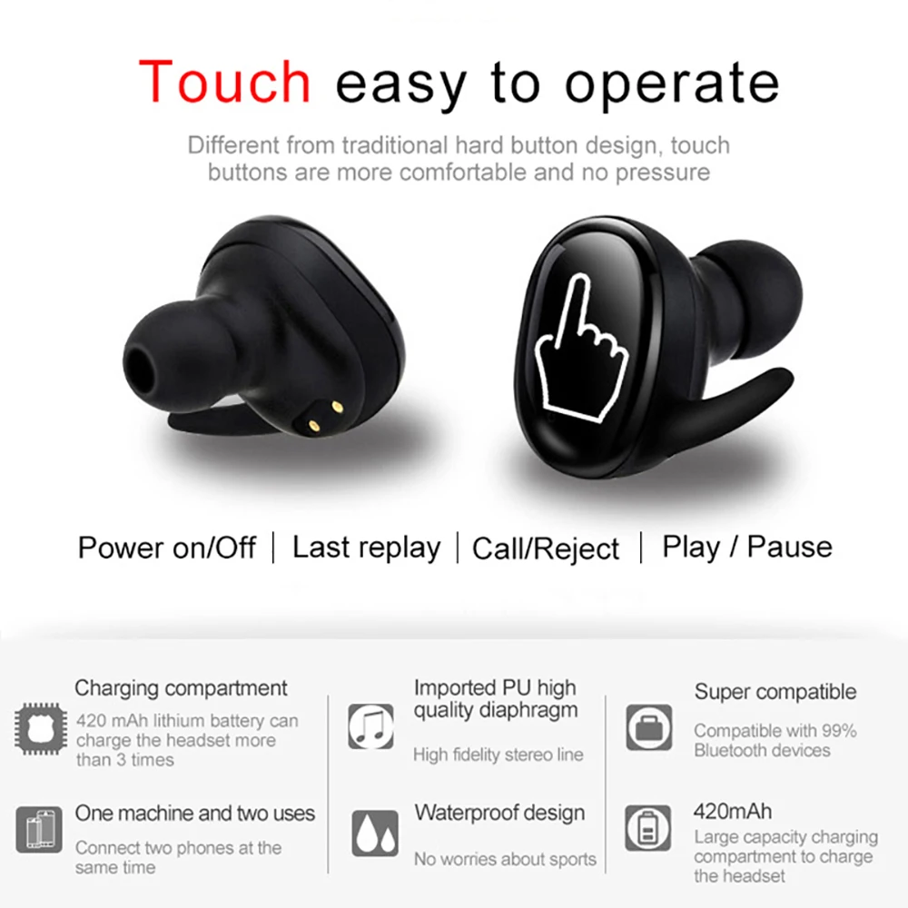 TWS, беспроводные Bluetooth наушники 5,0 дюйма, беспроводная bluetooth гарнитура, наушники, беспроводные стерео наушники с микрофоном, портативные беспроводные наушники