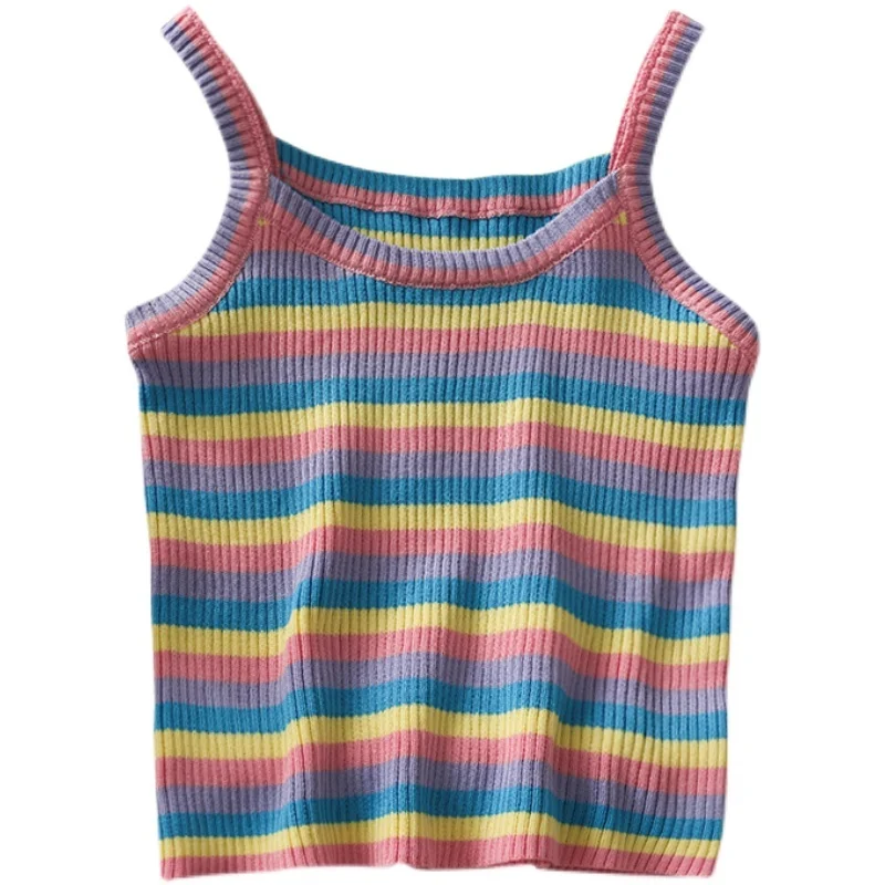 

Sneaky Design Short Navel All-Match Knitted Camisole Women's 2021 Summer Colorful Striped Outerwear Niche Vest Fashion