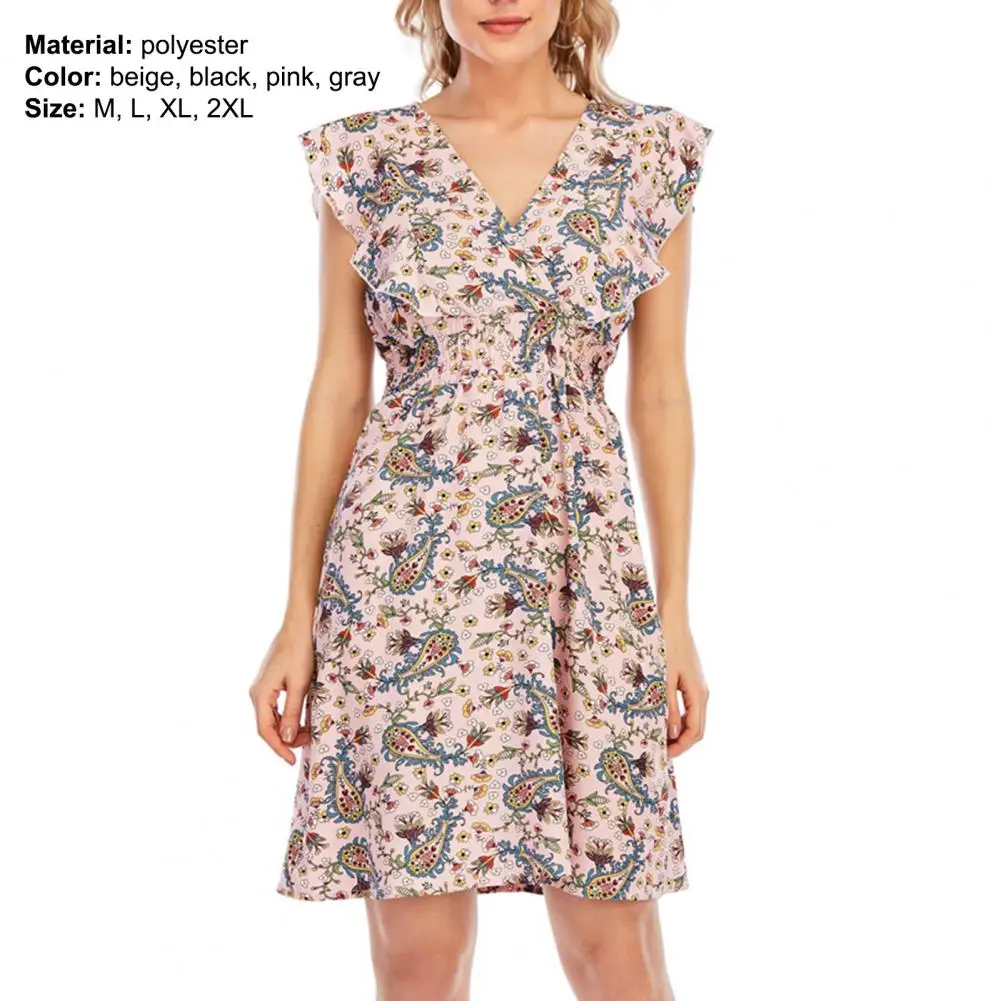 

2021 Women Dresses Bohemian V-neck Chiffon Print Ruffle Sleeveless Dress Fashion Beach Sundress Casual Party Dresses Women